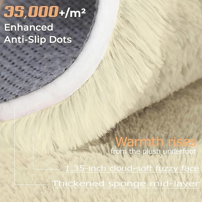Cream White Round Rugs for Bedroom: 4ft Circle Fluffy Shag Soft Washable Rug - Image 4