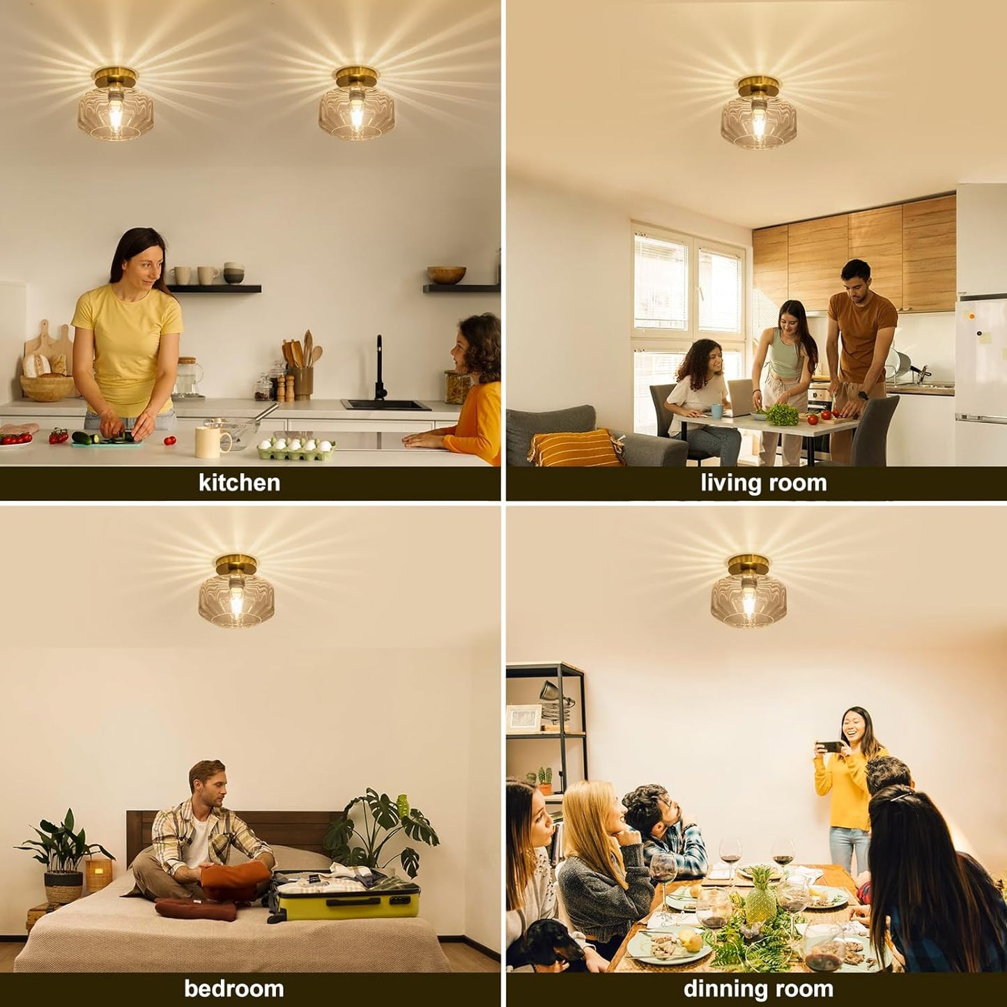 Gold Flush Mount Ceiling Light Modern - Hexagonal Diamond Faceted Glass, 50% Brighter 1200LM LED, Low-Profile for Kitchen/Hallway/Entryway, Tool-Free Installation (Brushed Gold Finish)