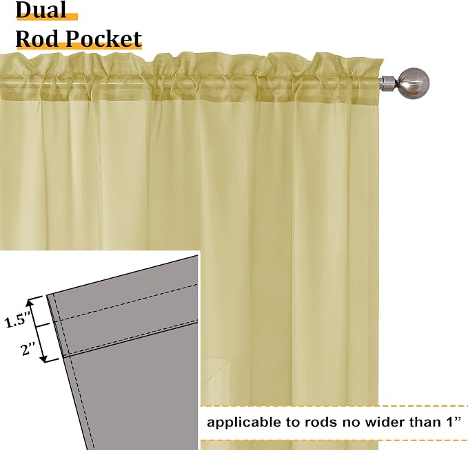 Aiyufeng Yellow Sheer Curtains 63 Inches Long 2 Panels Set, Semi Transparent - Image 7
