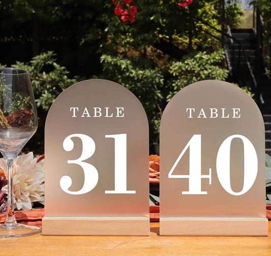 Wedding Table Numbers 31-40, Acrylic Arch Signs with Natural Wood Stands Holders, Rustic Table Decor for Reception & Parties (Frosted White)