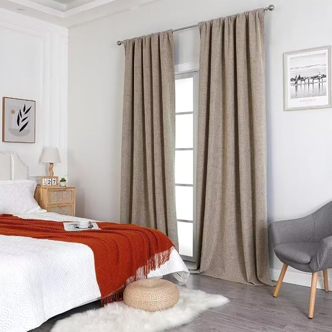 Joydeco Natural Linen Curtains 90 inch Length 2 Panels Set Burg 100% Blackout Patio Door Curtain Room Darkening Sliding Door Curtains Thermal Insulated Back tab Rod Pocket(105x90 inch, Linen)