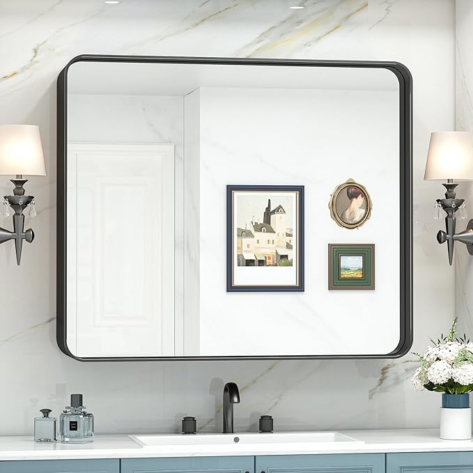 TokeShimi 42x36 Black Bathroom Mirror for Wall Vanity Mirror with Brushed Metal Frame Non-Rusting Aluminum Alloy for Modern Farmhouse Bedroom Living Room Decor (Horizontal/Vertical)