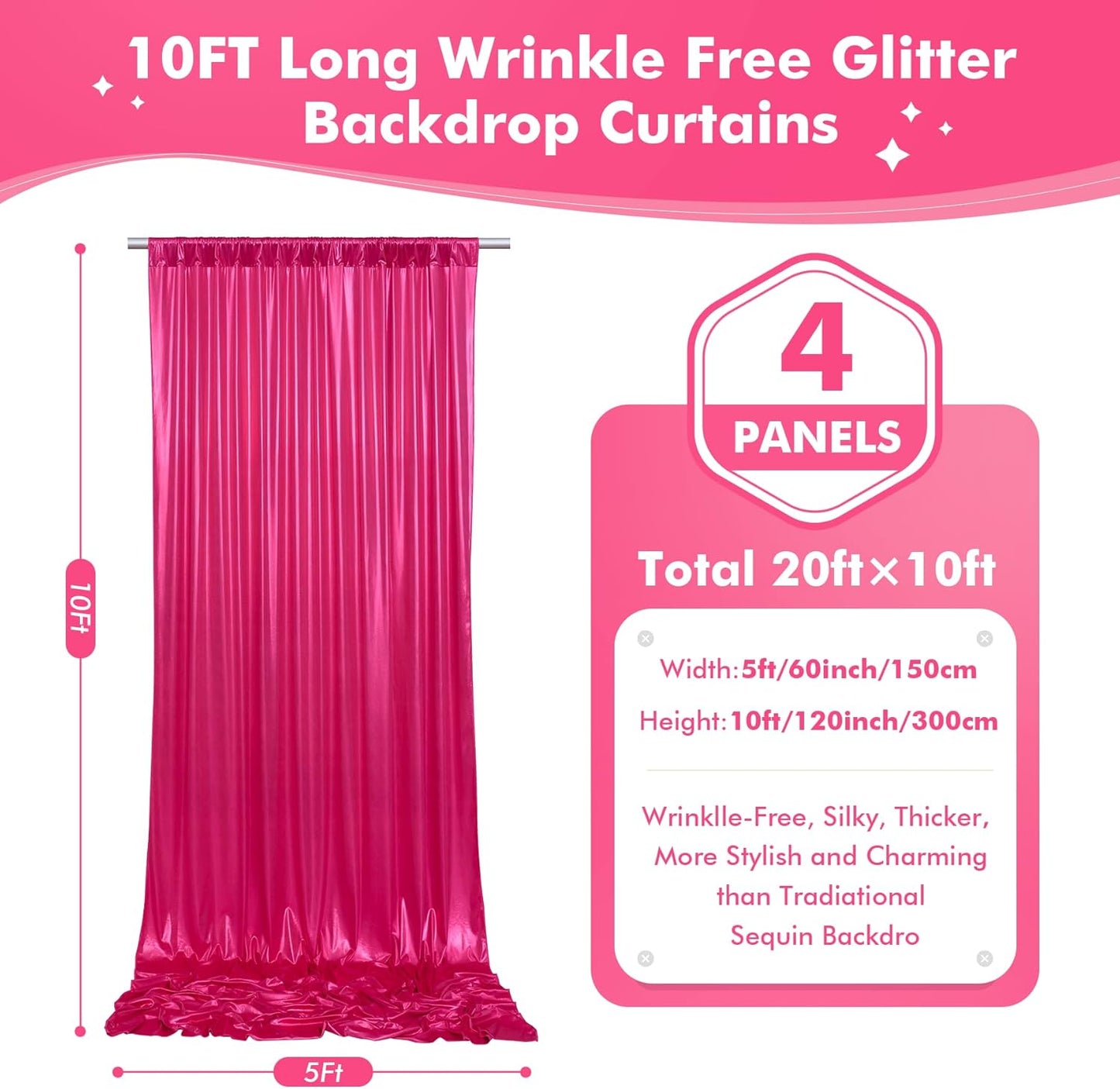 20x10ft Shimmer Hot Pink Sequin Backdrop Curtain for Parties, Thick Wrinkle Free Glitter Fuchsia Photo Backdrop Drapes Curtains for Birthday Wedding Halloween Photography Background-4 Panels 5x10ft