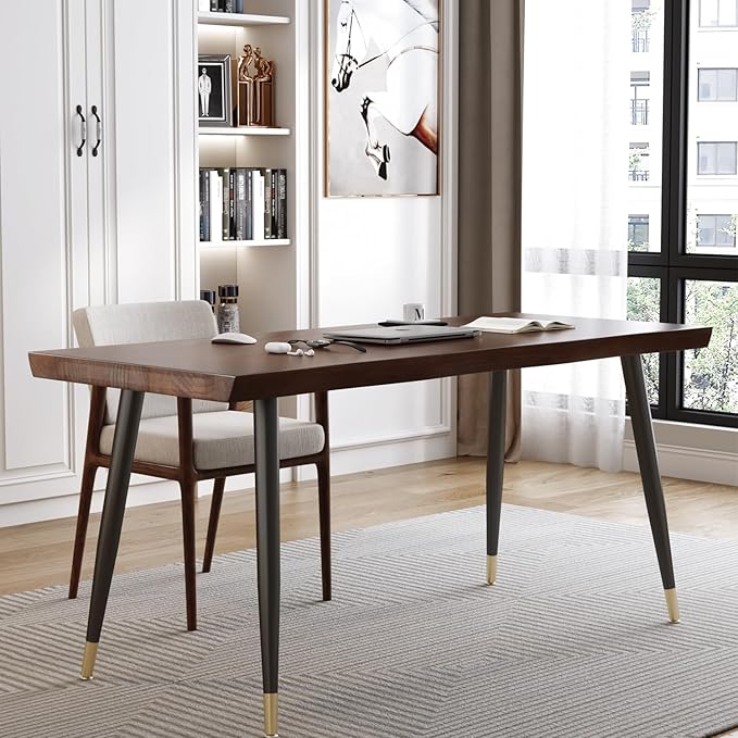 Modern Simple Style 55" Standing Desk Study Computer Desk - Black Metal Frame, Solid Wood Planks, for Home Office Bedroom