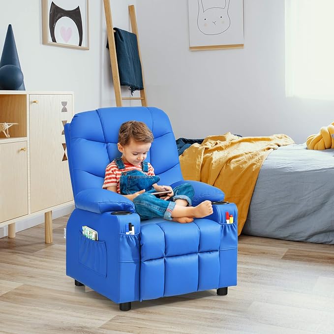 Costzon Kids Recliner Chair with Cup Holder, Adjustable Leather Lounge Chair w/Footrest & Side Pockets for Children Boys Girls Room, Ergonomic Toddler Furniture Sofa, Kids Recliner (Blue)