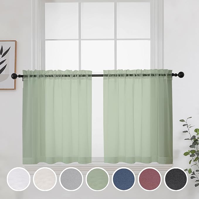 OWENIE Short Sage Green Sheer Curtains 24 Inches Long 2 Panels by OWENIE
