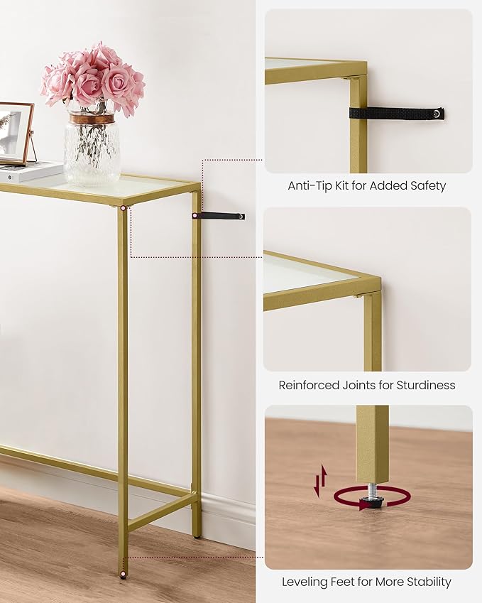 VASAGLE Entryway Table, Console Table, Tempered Glass Tabletop, Modern Sofa Table, Easy Assembly, with Adjustable Feet, for Living Room, Entryway, Pale Gold and Transparent ULGT132A01