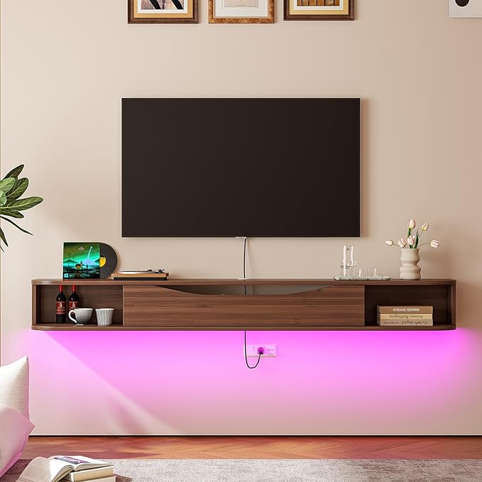 Floating TV Stand,47'' Wall Mounted TV Cabinet,Floating TV Console,Under TV Shelf with 1 Door and 2 Cabinets for TVs up to 55''(Walnut)