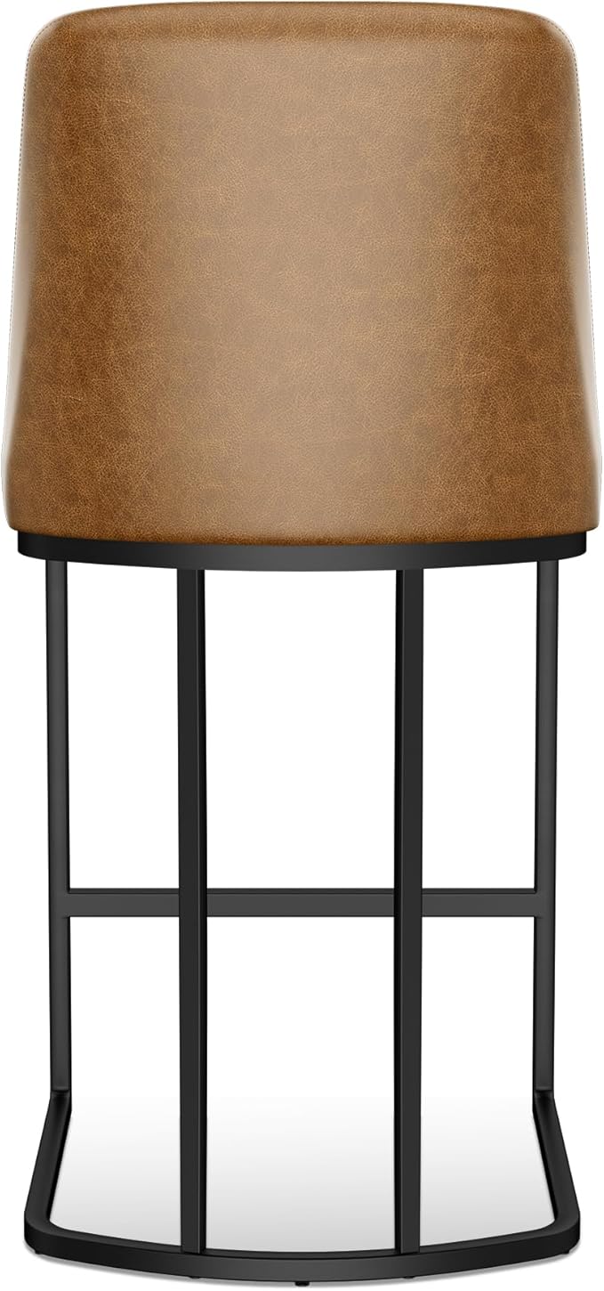 Bar Stools Set of 6, Faux Leather Counter Height Barstools, Upholstered Kitchen Counter Stools with Back and Stitching, 25.6" H Kitchen Island Stools Bar Chair, Metal Framed, Whisky Brown