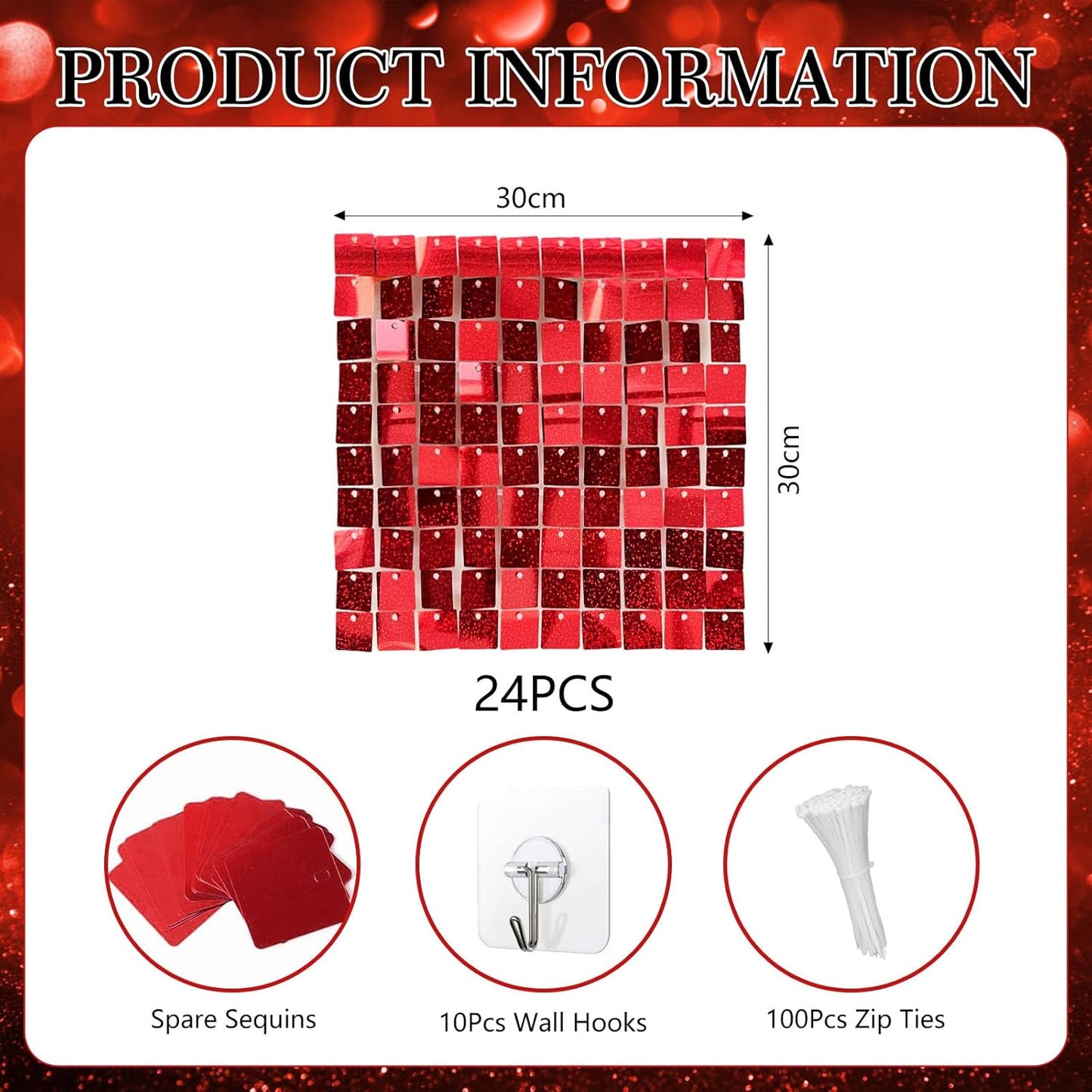 24PCS Red Shimmer Wall Backdrop, Laser Square Sequin Photo Backdrops Panel, Glitter Wall Background for Birthdays, Weddings, Christmas, Engagements, Disco Bachelorette Party Decoration (4FTx6FT)