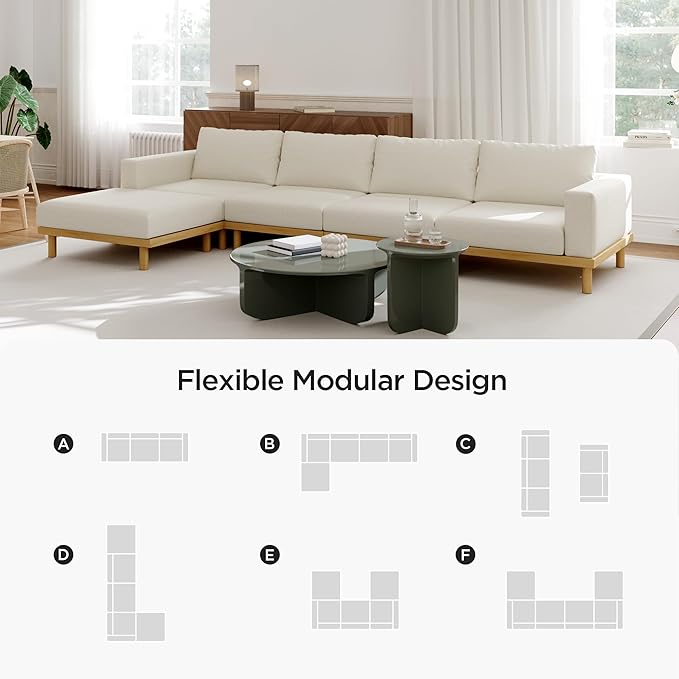 Acanva Minimalist Modular Sectional Sofa for Living Room, Wide & Deep Seat Convertible Furniture Set with Metal Frame and Movable Covers, U-Shaped Couch, Off White