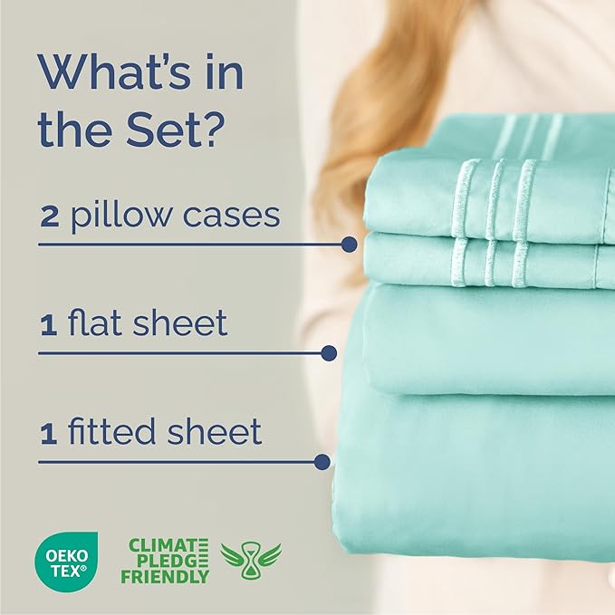 Cal King Size 4 Piece Sheet Set - Comfy Breathable & Cooling Bed Sheets Set - Hotel Luxury Bedding for Women, Men, Kids, Teens, Boys & Girls - Deep Pockets, Soft, Wrinkle Free - Oeko-Tex - Spa Blue