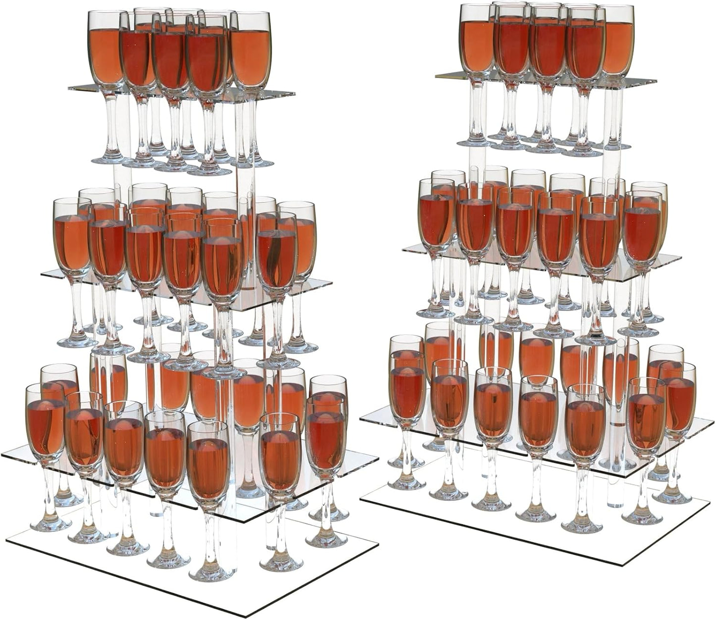 Champagne Tower, Rectangle Acrylic Champagne Display Rack Stand with 32 Slots, 3 Tier Floating Sight Champagne Flute Holder for Party, Wedding, School, Celebration, 17.3x11.8x25.5inch, 2 Pcs