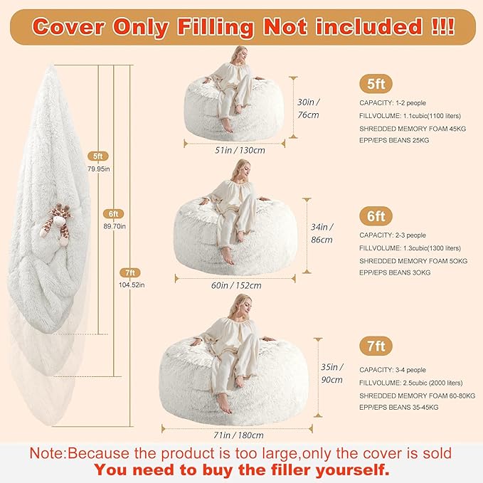 Stuffed Animal Storage Bean Bag (Cover Only), Adult Bean Bag Chair Covers Machine Washable, 5FT White Bean Bag Chair Without Filler Included