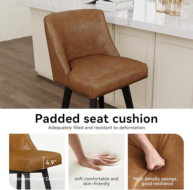 Vipbear Swivel Counter Height Bar Stools Set of 3,26.8" H Counter Stools with Back, Mid Century Modern Bar Stools for Kitchen Island,Faux Leather,Wooden Base, Brown