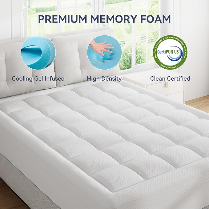 ELEMUSE California King Size Dual Layer 3 Inch Memory Foam Mattress Topper, 2 Inch Cooling Gel Memory Foam and 1 Inch Thick Soft Pillow Top Mattress Pad Cover for Back Pain Relief