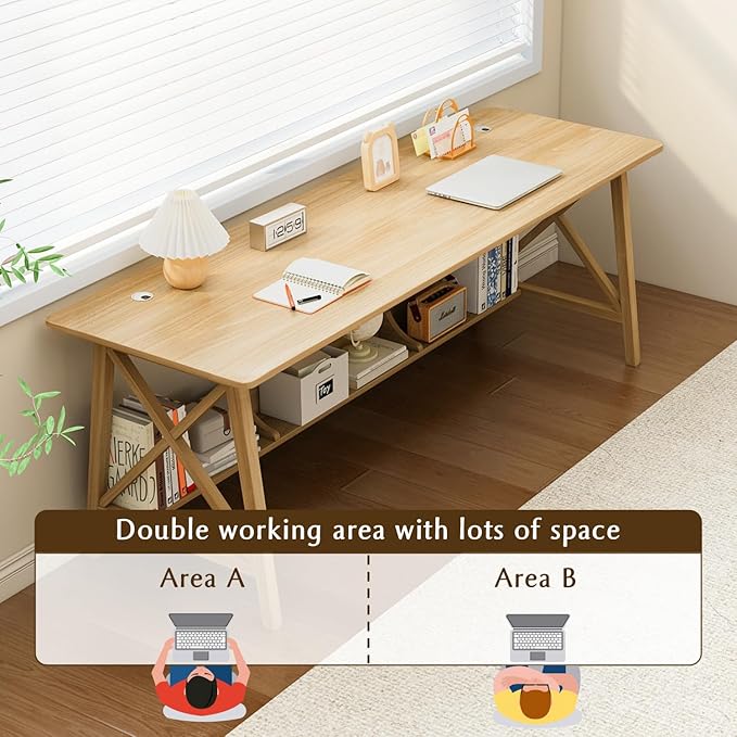 Extra Long Desk with Bookshelf - Wooden Home Office Work Study Table, 2-Person Writing Computer Workstation with Storage Shelf in Oak, 63" Wx20 Dx30 H