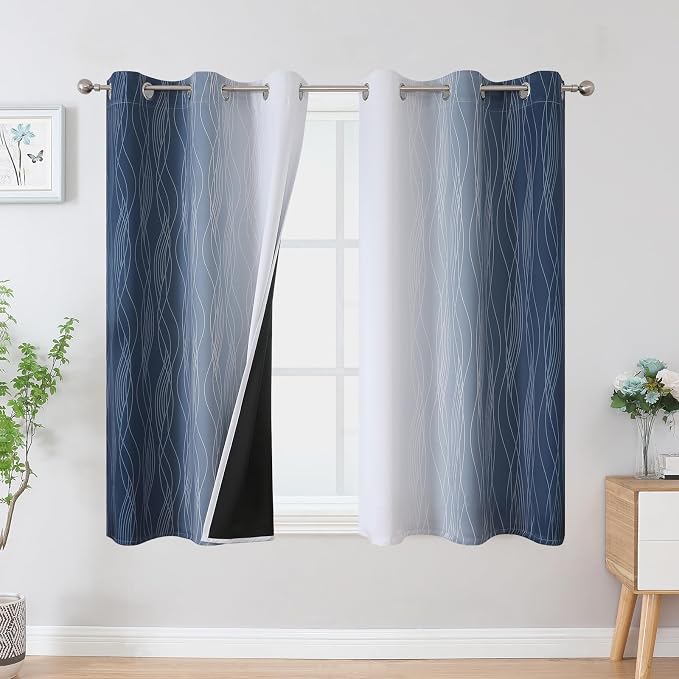 Estelar Textiler Navy Blue and Greyish White Blackout Curtains 54 Inch Length by ESTELARTEXTILER