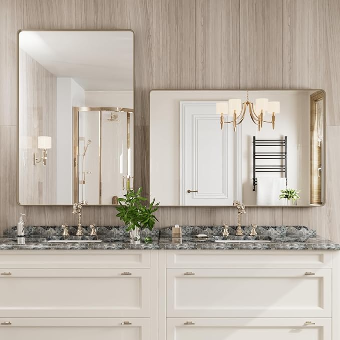 Bronze Bathroom Mirror 48x32 Inch, Brushed Bronze Metal Frame Mirror for Wall, Rounded Rectangle Bathroom Vanity Mirror with Tempered Glass, Anti-Rust, Horizontal/Vertical