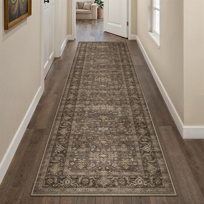 2'6x12 Washable Runner Rug for Hallway Kitchen Vintage Brown Non Slip Low Pile by WondRg