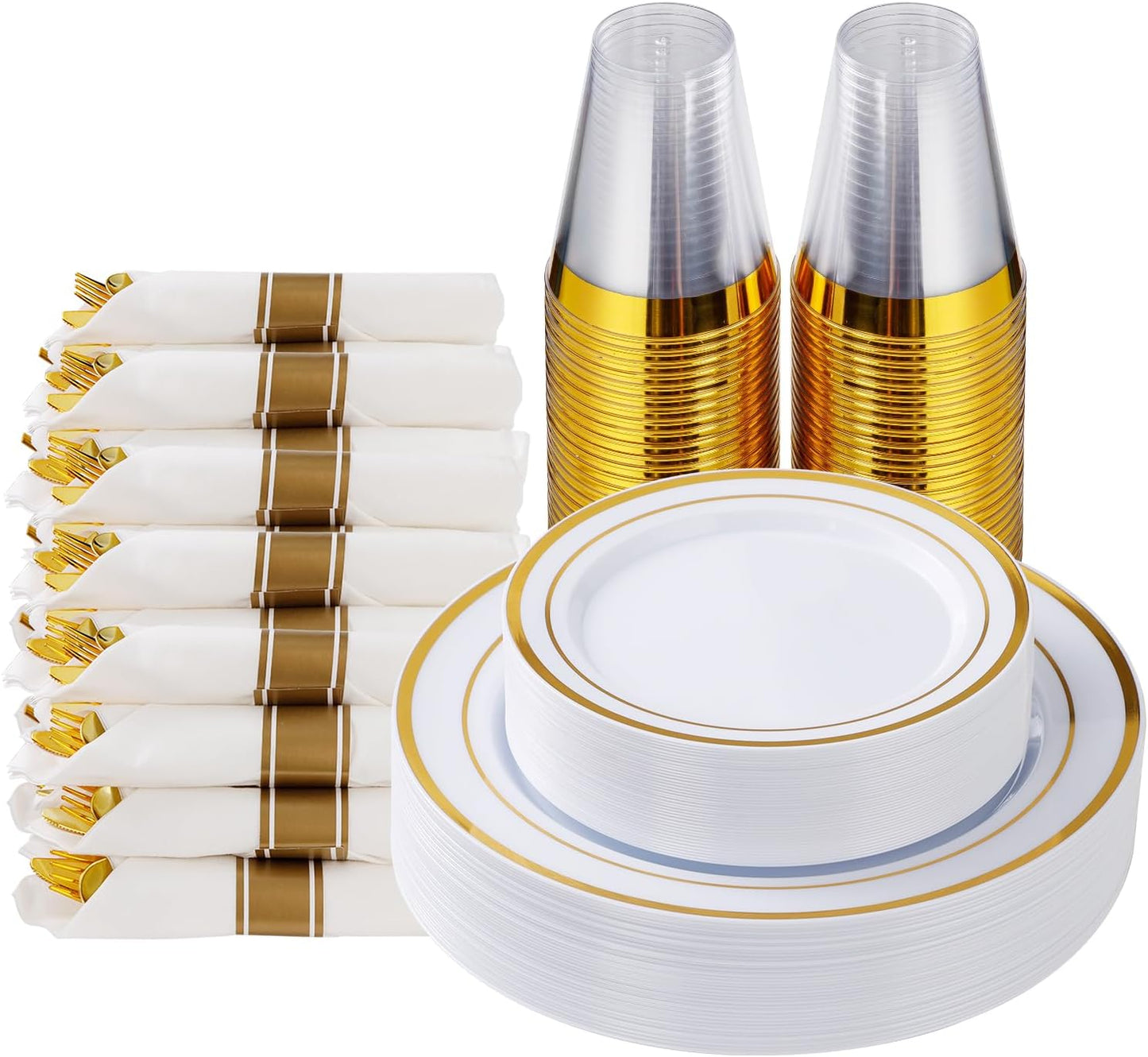Goodluck 175 Piece Gold Plastic Dinnerware Set for 25 Guests, Fancy Disposable Plates for Party, Include: 25 Dinner Plates, 25 Dessert Plates, 25 Pre Rolled Napkins with Gold Silverware, 25 Cups