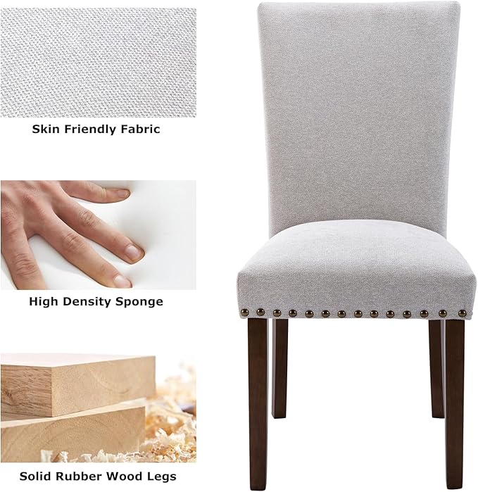 COLAMY Upholstered Parsons Dining Chairs Set of 4, Fabric Dining Room Kitchen Side Chair with Nailhead Trim and Wood Legs - Light Grey