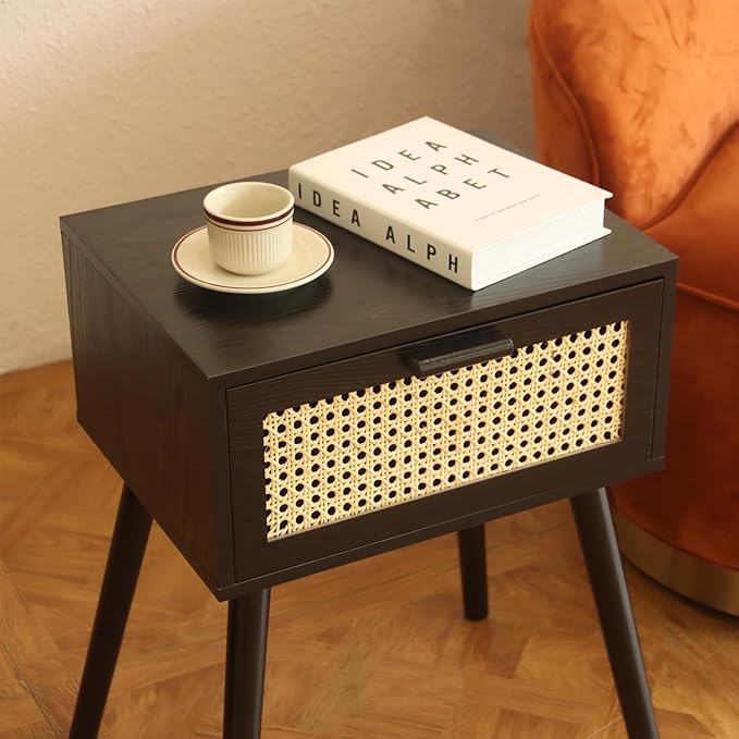 AWASEN Mid Century Modern Nightstand, Rattan Side Table with Drawer, Black Bedside Table with Storage and Solid Wood Legs for Living Room, Bedroom and Small Space (Black)