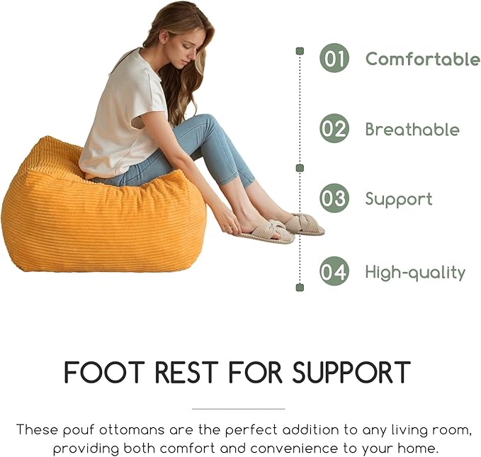 HIGOGOGO Square Stuffed Pouf Ottoman, Corduroy Poufs with Foam Chunk Filling, Furry and Fluffy Pouf Foot Stool Storage Ottoman, 25.6 X 25.6 Floor Poufs Foot Rest for Living Room, Orange