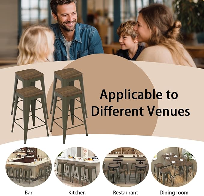 24 inch Backless Bar Stools Set of 4, Indoor Metal Bar Stools with Wood Seat, Industrial Counter Height Barstools for Kitchen Island, Rusty
