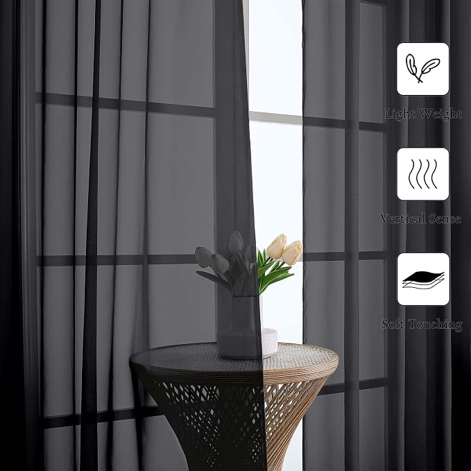 Lecloud Black Sheer Curtains 120 Inches Long 2 Panels, Balance Light & Privacy - Image 3