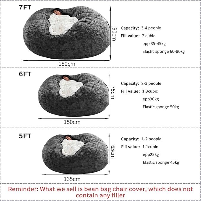 Bean Bag Chairs for Kids Comfy Fluffy Big Joe Bean Bag Chair Covers Only (No Filler) Round Sofa Chairs for Bedroom Living Room Decor, 5FT, Purple
