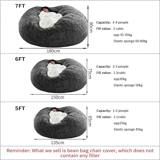 Bean Bag Chair for Adults Kids Without Filler Comfy Giant Round Lazy Sofa Chair Cover Floor Chair Cover for Bedroom Living Room, 7FT, Light Pink