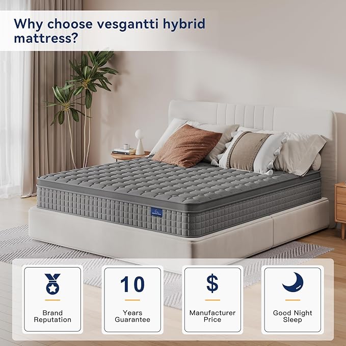 Vesgantti 10 Inch Twin XL Multilayer Hybrid Mattress - Multiple Sizes & Styles Available, Ergonomic Design with Memory Foam and Pocket Spring, Medium Firm Feel, Grey