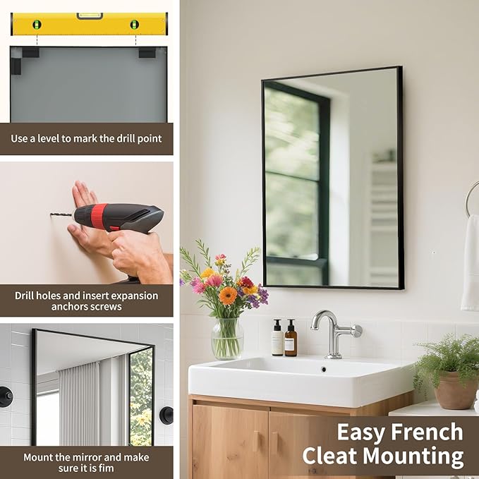 Matte Black Mirror, 30x36 Inch Aluminum Framed Rectangle Mirror, Anti-Rust, Tempered Glass, Square Corner Wall Mirror for Over Sink, Vanity, Bedroom, Entryway, Horizontal/Vertical
