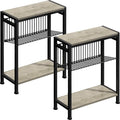 Small Side Table Set of 2 for Small Space, 3-Tier Narrow End Table with Magazine Holder, Slim Nightstand, Skinny Snack Couch Table in Living Room, Bedroom, Kitchen and Balcony (Greige)