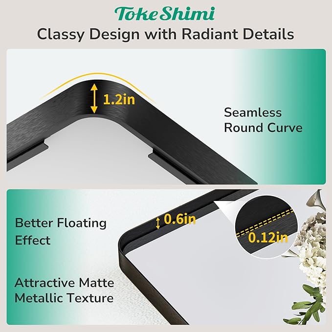 TokeShimi 48x30 Wall Mirror for Bathroom,Matte Black Bathroom Vanity Mirror Modern,Tempered Glass,Large Bathroom Mirror Rectangle,Metal Framed Bathroom Mirror(Horizontal/Vertical)