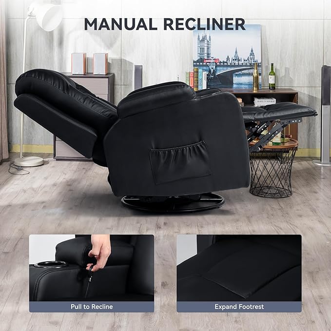 COMHOMA Living Room Furniture Set,Bonded Leather Sofa with Massage,Cup Holder Recliner Chair,3+1,Black