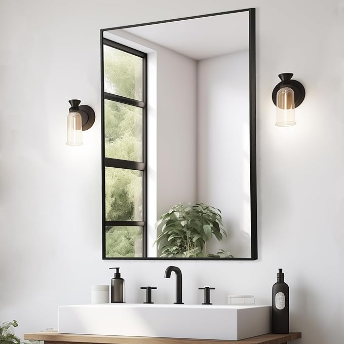 Black Bathroom Mirror, 24"x36" Rectangle Mirror, Matte Black Mirror, Metal Frame Square Corner Vanity Mirror, Wall Mounted Mirror for Modern, Living Room, Bedroom, Horizontal Or Vertical