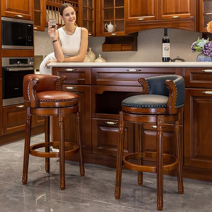 Cow top Leather Wooden Set of 2 Bar Stools, 26" Counter Height Bar Chair with Back, 180 Degrees Swivel Barstools Chair for Home Kitchen Counter,Dining Room, Restaurant