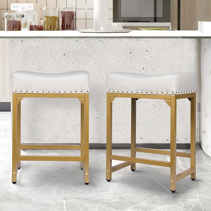 White & Gold Counter Height Bar Stools Set of 3, 24" Bar Stools for Kitchen Island, Modern Counter Stool Set of 3 Backless Saddle Barstools for Kitchen Dining Room White Gold