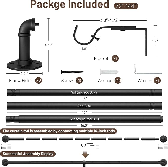 Zeerobee Curtain Rods for Windows 72 to 144, 1 Inch Industrial Wrap Around - Image 6