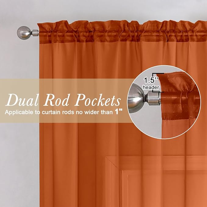 Lecloud Orange Sheer Curtains 84 Inches Long 2 Panels Set, Rod Pocket - Image 2