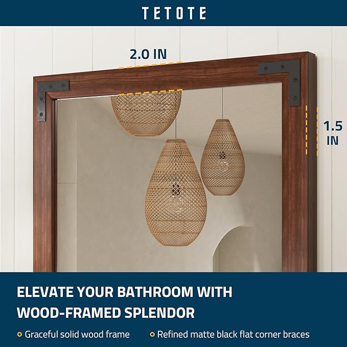 TETOTE 18 x 26 Walnut Wood Mirror for Bathroom Wall/Bedroom/Living Room/Entryway Farmhouse Rustic Bathroom Vanity Mirror for Over Sink Waterproof (Horizontal/Vertical Mounted)