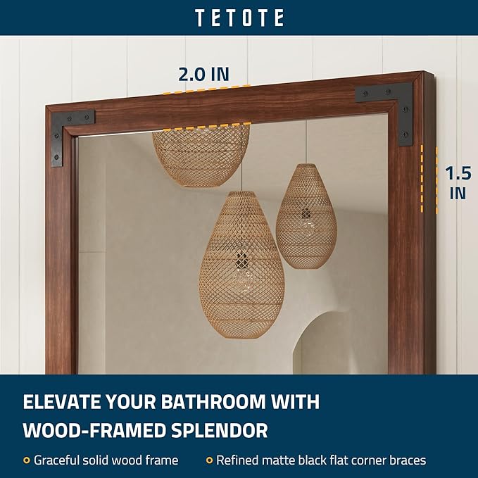 TETOTE 55 x 36 Walnut Wooden Mirror for Bathroom Wall/Bedroom/Living Room/Entryway Farmhouse Rustic Bathroom Vanity Mirror Waterproof (Horizontal/Vertical Mounted)