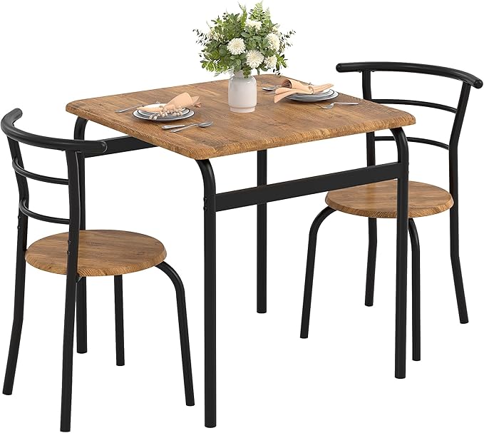 VECELO 3 Piece Dining Table & Chairs Set for 2, Metal and Wooden Square Kitchen Dinette Set for Small Space, Breakfast Nook, Saving Space, Brown
