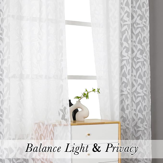 Lecloud Leia White Sheer Curtains 72 Inches Long 2 Panels, Jacquard Texture - Image 2