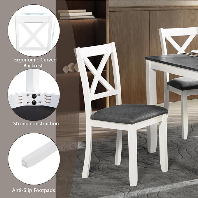 Ball & Cast 6 Piece Dining Table Set with 4 Upholstered Chairs & 1 Bench,Wooden Living Room Furniture for 6 W/ 58.5" Rectangle Kitchen Desk,for Dining Room,Home Bistro,Apartment,White+Gray