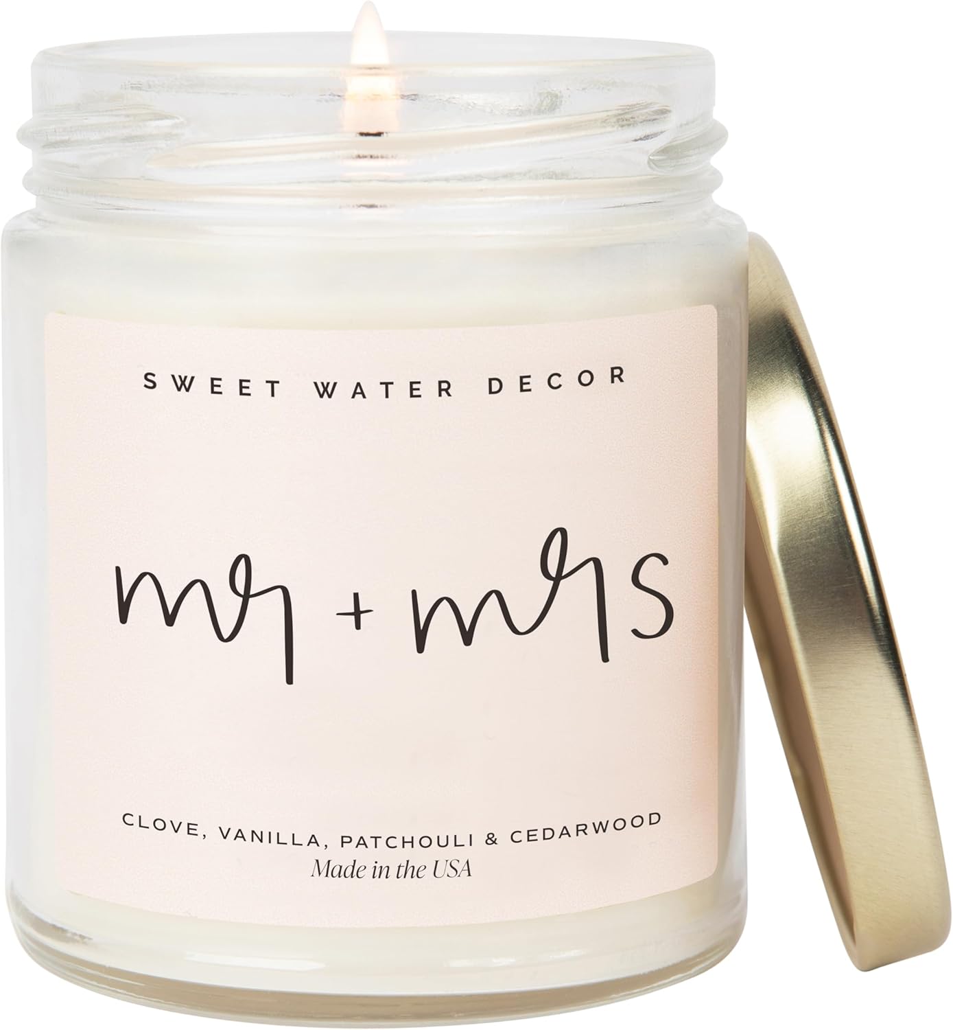 Sweet Water Decor Mr. + Mrs. Candle - Gold Pepper, Clove Leaf, Nutmeg and Lavender Scented Candle for Home - 9oz Clear Jar with 40 Hour Burn Time, Made in USA - Wedding and Engagement Gifts