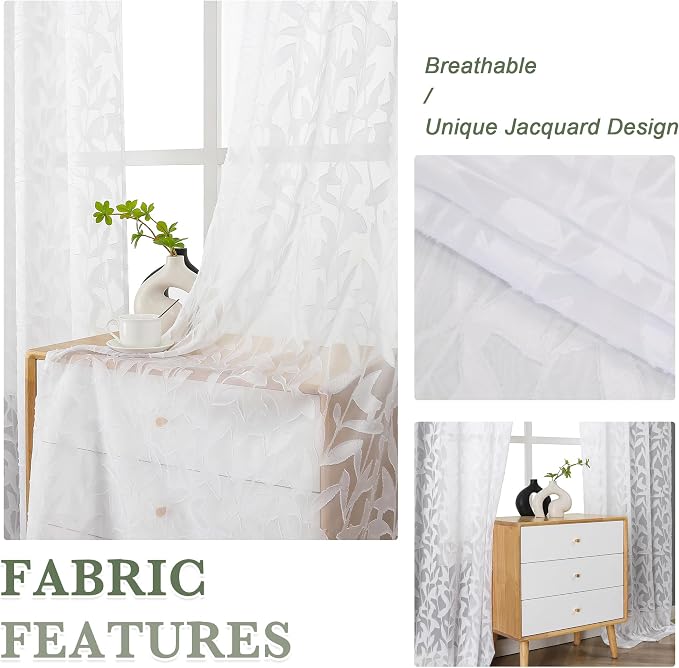Lecloud Leia Bedroom White Sheer Curtains 96 Inches Long 2 Panels, Burnout - Image 8