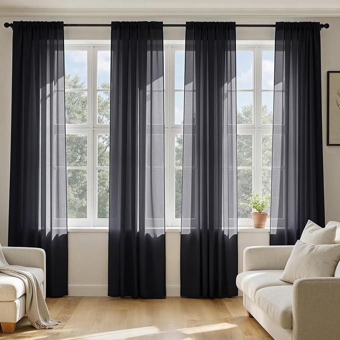 MIULEE Black Sheer Curtains 84 Inches Long, 4 Panels Set, Light Filtering Rod by MIULEE